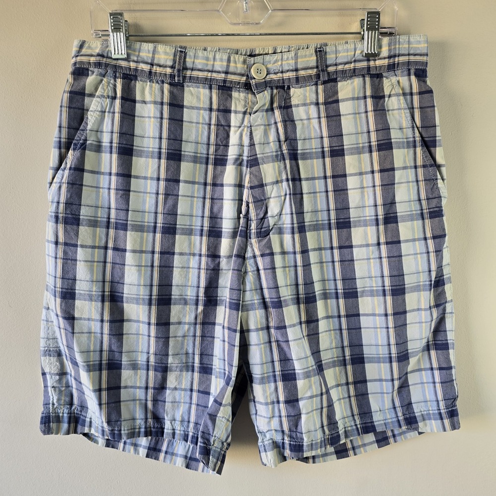 Lacoste Mens Plaid Cotton Chino Shorts Blue Yellow Check Size 42 US 35 FlatFront